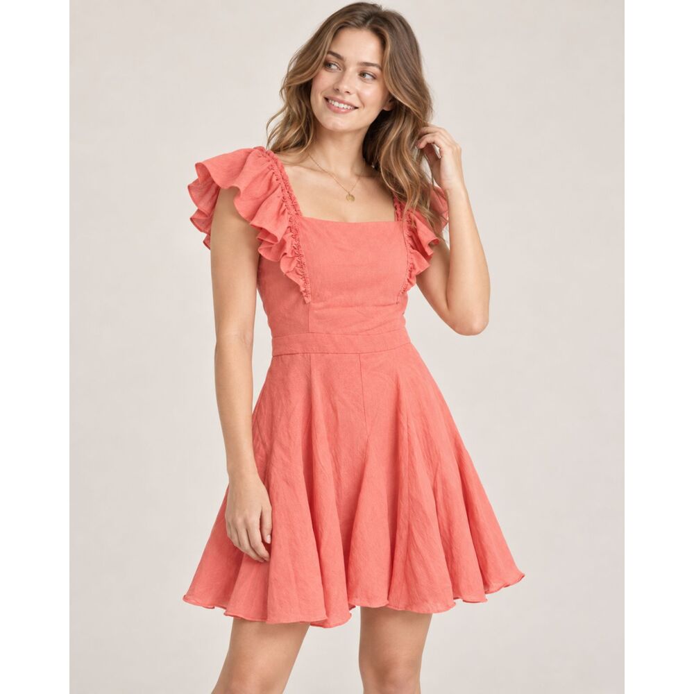 Women S Coral Pink Ruffle Sleeve Fit Flare Dress Romantic Coquette Cottagecore